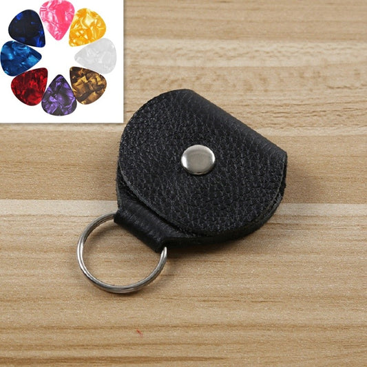 Black leather guitar pick storage bag with metal snap and key ring loop