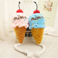 Pink and blue plush ice cream cone squeaky pet toys on white rope legs