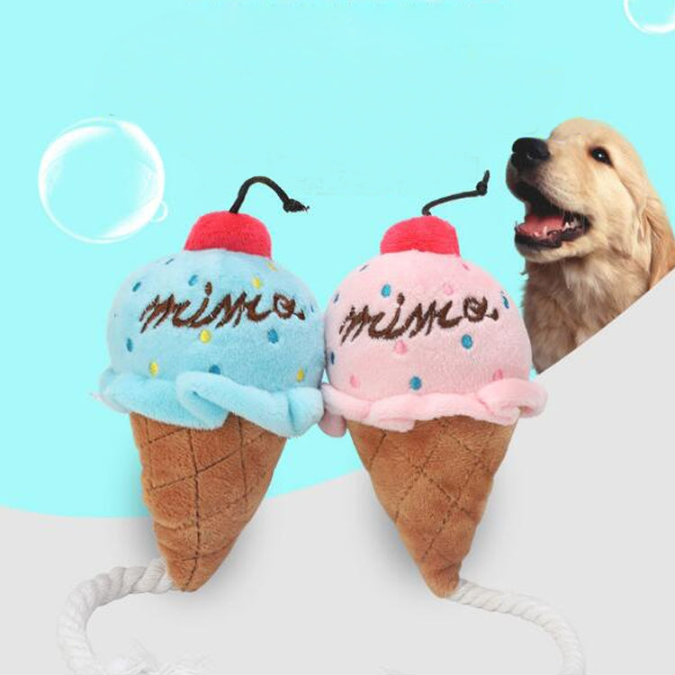 Pink and blue plush ice cream cone squeaky pet toys with white rope arms and red tops