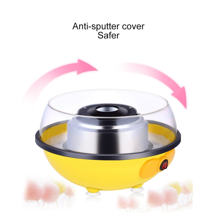 Mini electric cotton candy machine with clear anti-splatter cover over the heating head