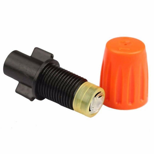 Threaded garden watering nozzle with orange cap and black body