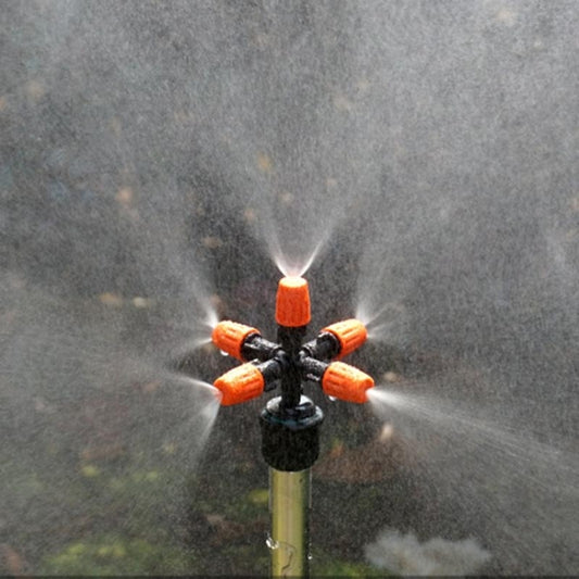 Cross-five outlet spray nozzle with orange caps and black body, misting water