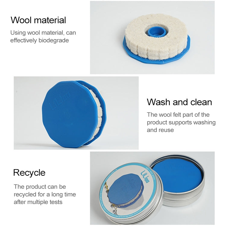 Round metal tin with blue-and-white felt refill for chain oiling