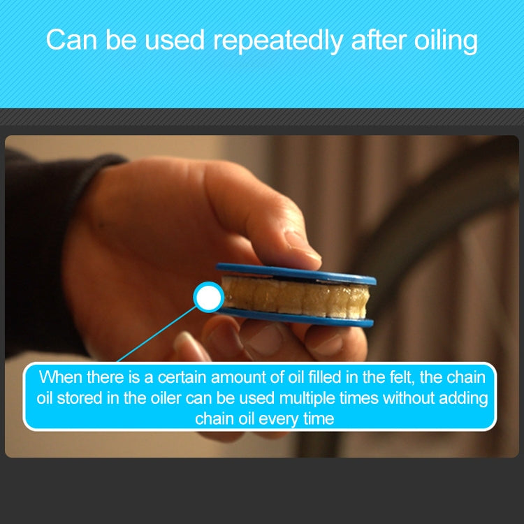 Blue felt roller chain oiler pad in holder, hand applying