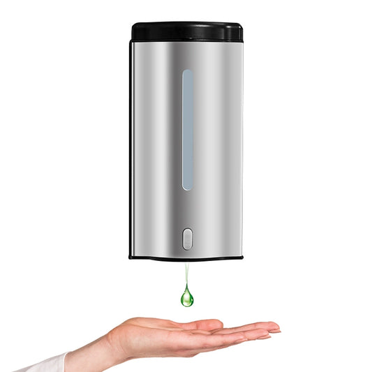 Stainless steel automatic soap dispenser with black top, dispensing gel onto hands