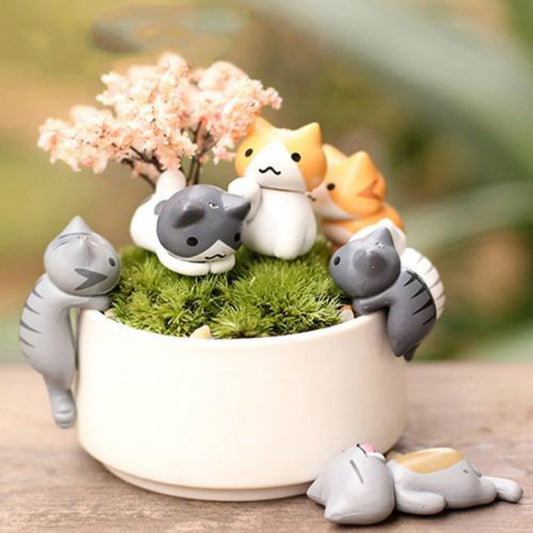 Cute cat and kitten figurine set in small white pot with green moss