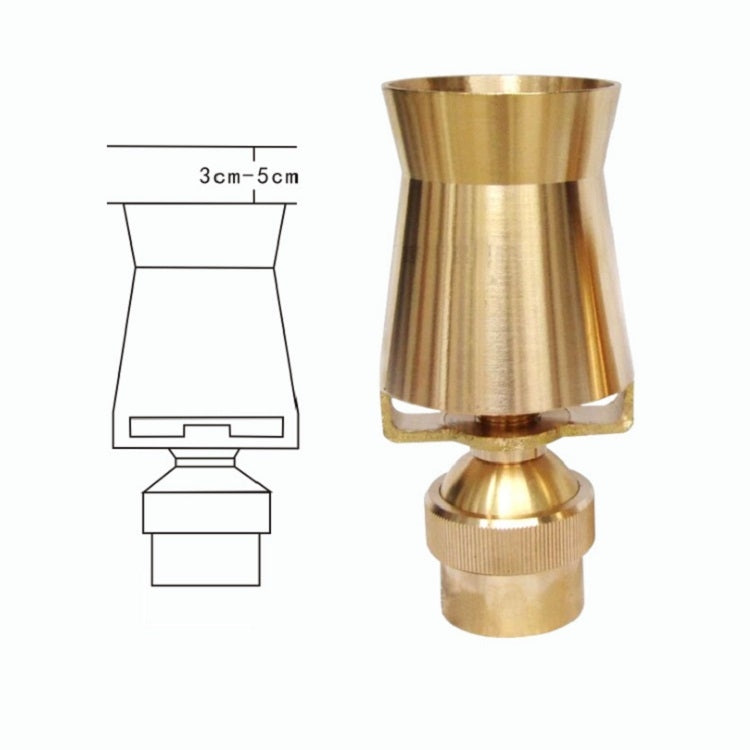 Brass fountain nozzle with size diagram, threaded base and outlet