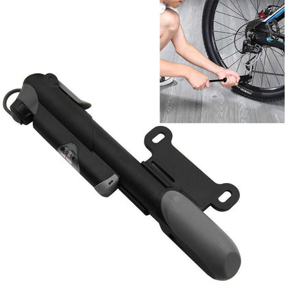 Black mini portable bicycle pump with mounting bracket and nozzle tip