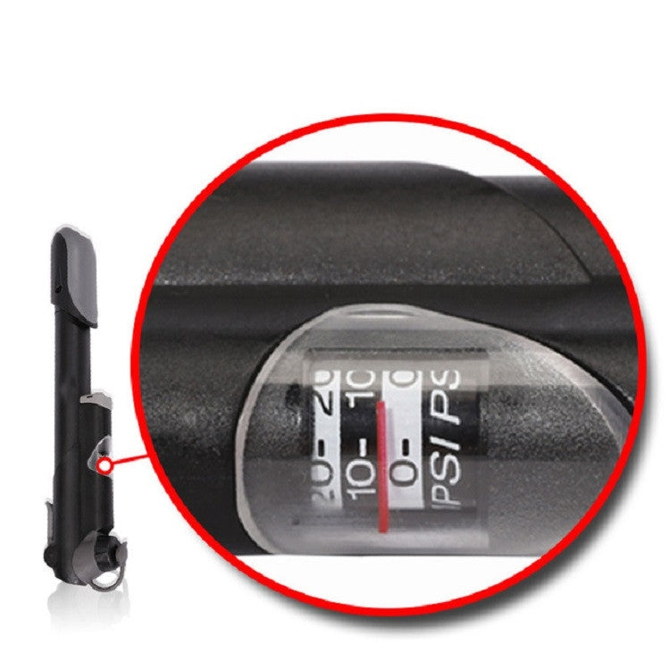 Mini bicycle pump gauge close-up with red needle and PSI markings