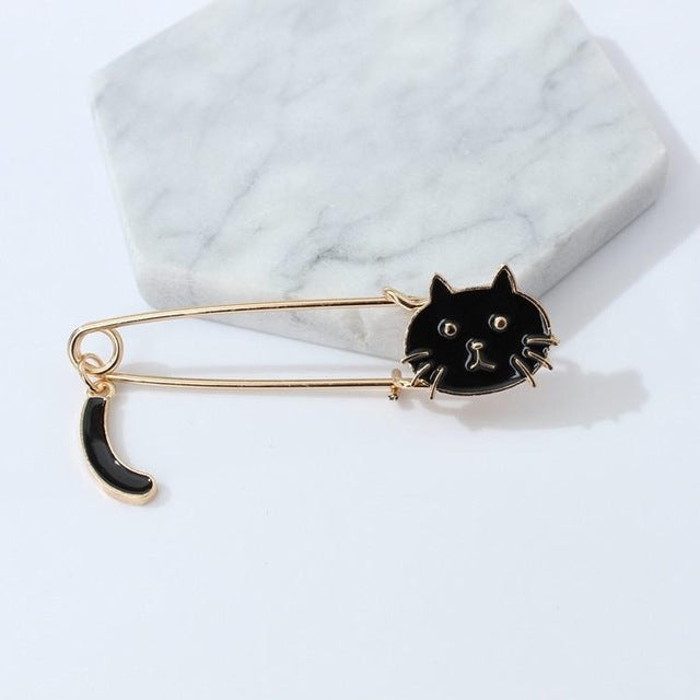 Black cat enamel pin brooch with wagging tail, gold-toned safety pin back