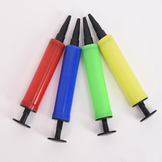 Mini hand held balloon inflator pump set with red, blue, green, and yellow bodies