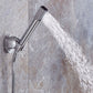 Installed round chrome handheld shower with flexible hose spraying water