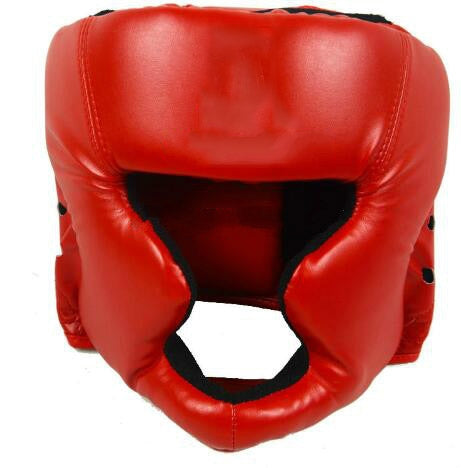 Red adjustable adult boxing training helmet with padded face opening and chin guard