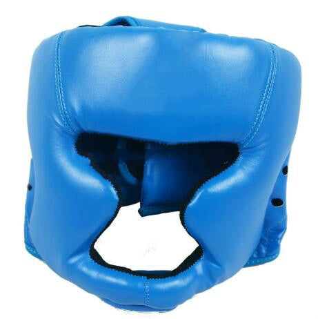 Blue adjustable adult boxing training helmet with padded face opening and chin guard