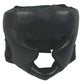 Black adjustable adult boxing training helmet with padded face opening and chin guard