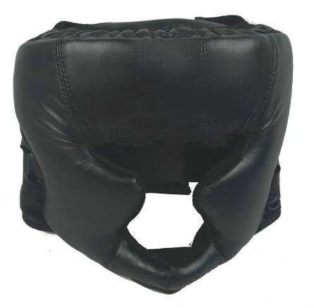 Black adjustable adult boxing training helmet with padded face opening and chin guard