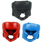 Red and blue adjustable adult boxing training helmets with padded face openings