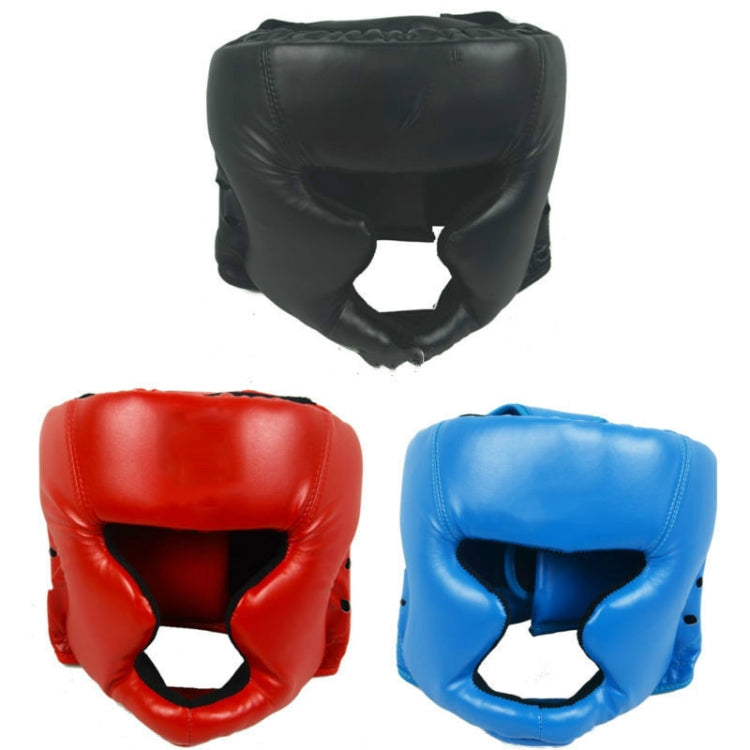 Red and blue adjustable adult boxing training helmets with padded face openings