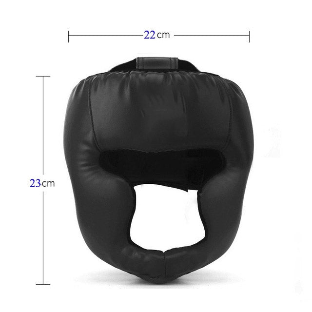 Black adjustable adult boxing training helmet, 22cm width and 23cm height