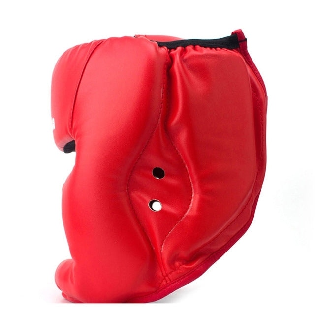 Red adjustable adult boxing training helmet side view with ear guards and chin padding