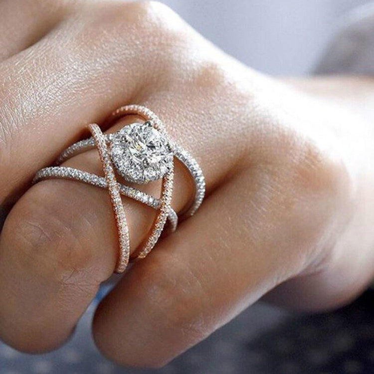Rose gold-plated cross zircon engagement ring with round center gemstone