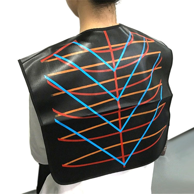 Waterproof hair dyeing shawl, black with blue and orange geometric line pattern, cape style.