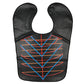 Waterproof hair dyeing bib, black with U neck opening and blue/orange geometric line pattern.