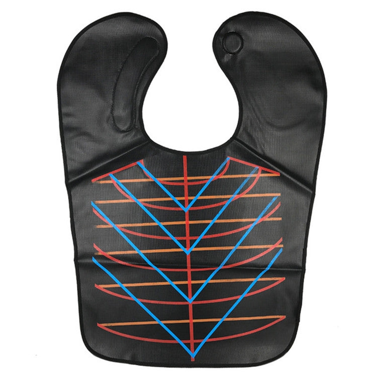 Waterproof hair dyeing bib, black with U neck opening and blue/orange geometric line pattern.