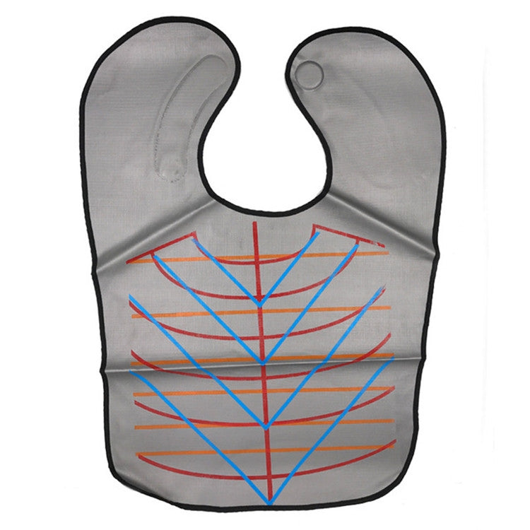 Waterproof hair dyeing bib, light gray with U neck opening and blue/orange geometric lines.