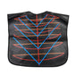 Waterproof hair dyeing shawl, black poncho with neck cutout and blue/orange geometric pattern.