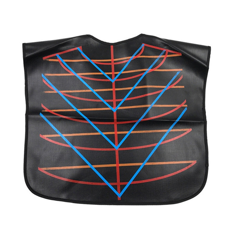 Waterproof hair dyeing shawl, black poncho with neck cutout and blue/orange geometric pattern.