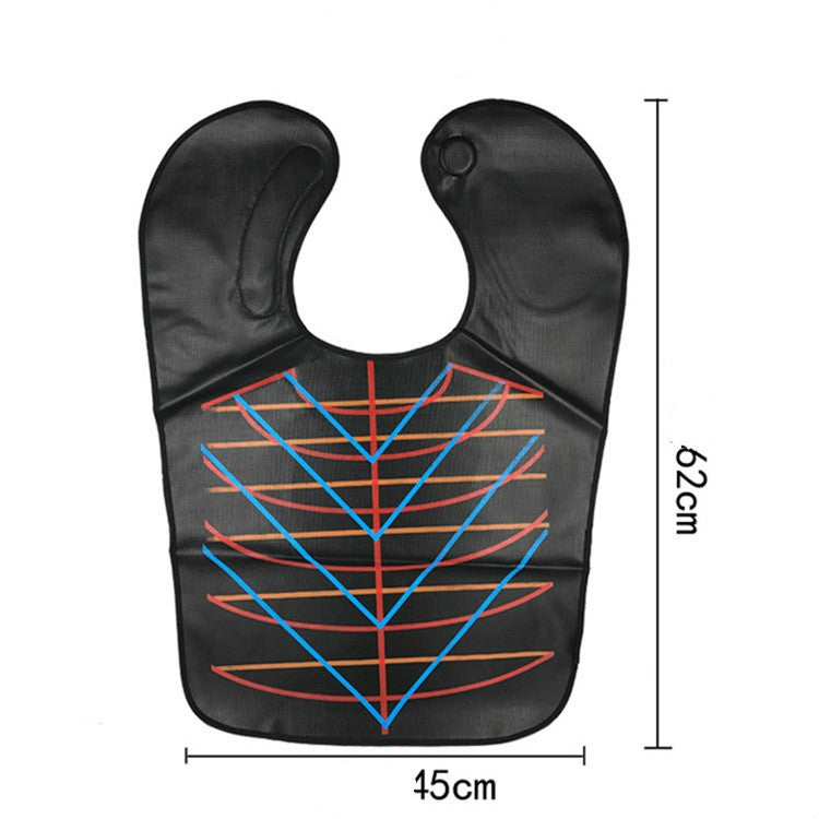 Waterproof hair dyeing bib, black with blue/orange geometric pattern; approx. 45 x 62 cm.