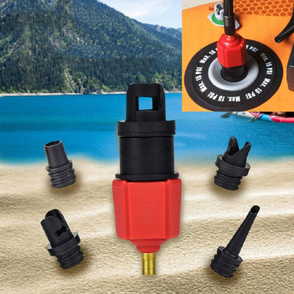 Red air pump valve adapter with black nozzle caps for inflatable paddle boards