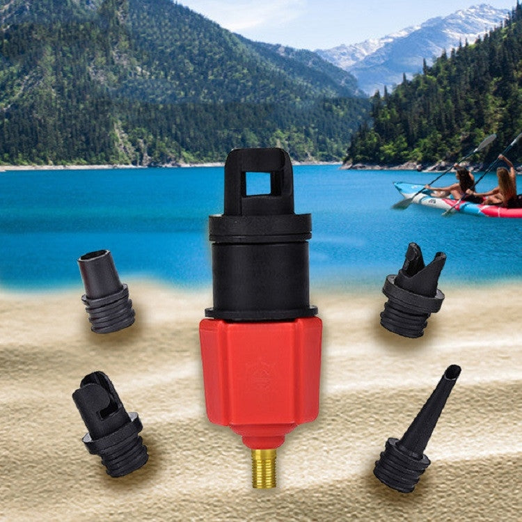 Red air pump valve adapter with black nozzle caps and gold valve stem