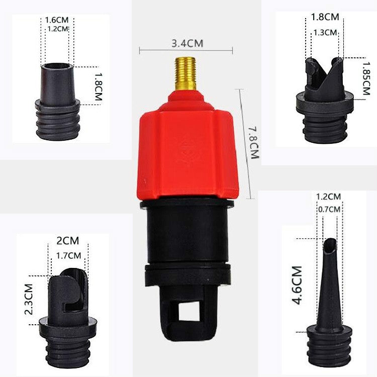 Air pump valve adapter size diagram: red body, gold stem, black nozzle caps