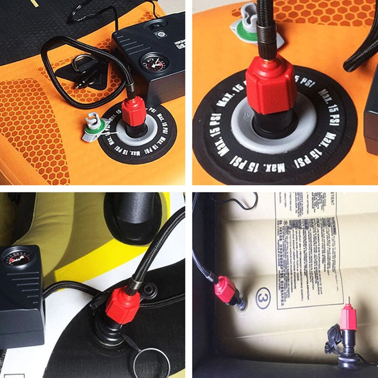 Red air pump valve adapter attached to an inflator valve with gauge dial
