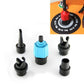 Blue air pump valve adapter with black nozzle caps and gold valve stem