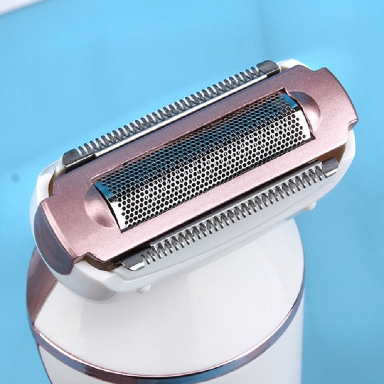 Waterproof electric epilator head, rose-gold foil with twin trimmer combs on white base