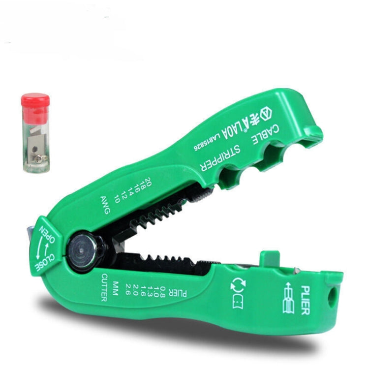 Green manual wire stripper tool with multiple gauge slots and cutting teeth