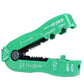 Green wire stripper tool with blade cutter and size markings on handle