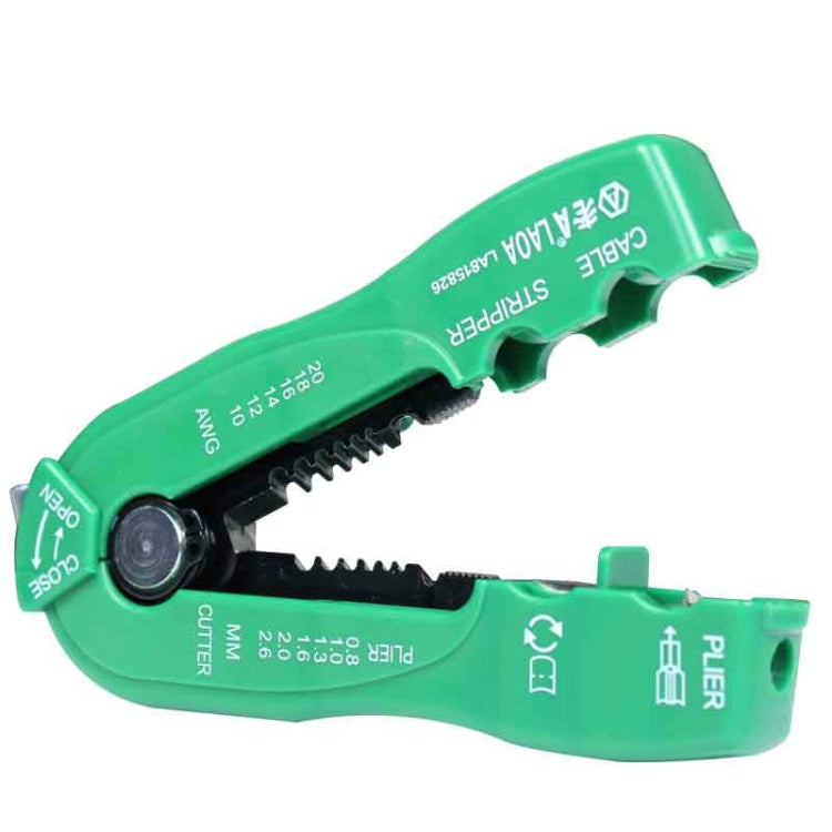 Green wire stripper tool with blade cutter and size markings on handle