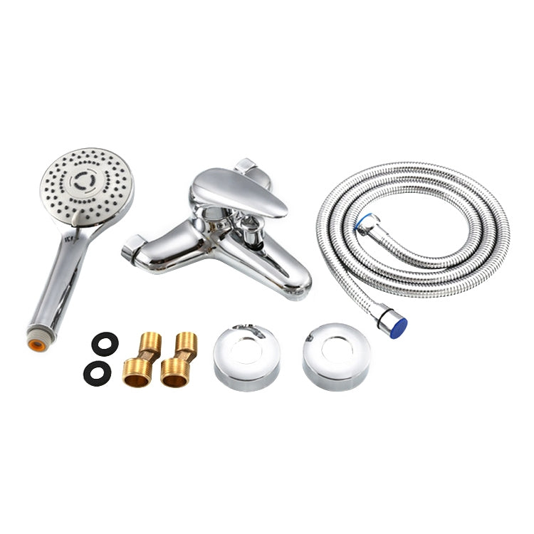 Shower set components: handheld head, mixer, metal hose, fittings and covers