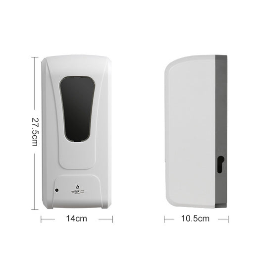 Automatic soap dispenser: 27.5cm tall, 14cm wide front, 10.5cm deep
