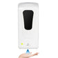 Touchless automatic soap dispenser with black sensor panel, white housing, blue spray indicator