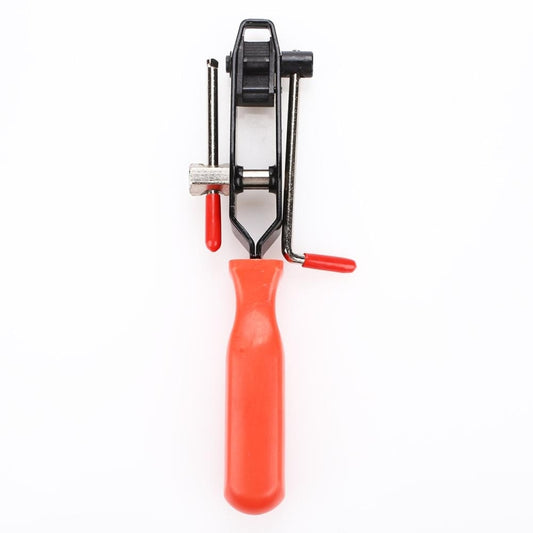 Hose clamp pliers with red-orange handle and black metal jaws