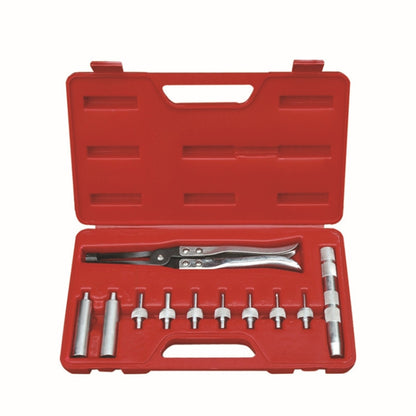 Valve stem seal tool set with pliers, seal heads, and installation tools in red case