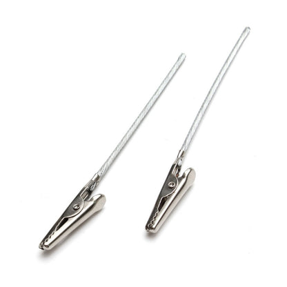 Metal wire rope alligator clip with silver jaws and twisted cable, side view