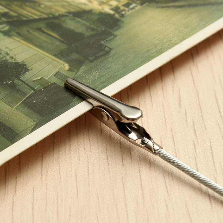 Close-up of silver metal wire rope alligator clip gripping photo edge