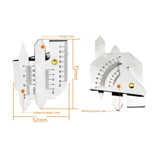 Welding inspection gauge ruler with height and depth scales, gold pivot screw, V blades