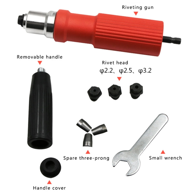 Red rivet gun head accessory with removable handle, spare heads, and small wrench